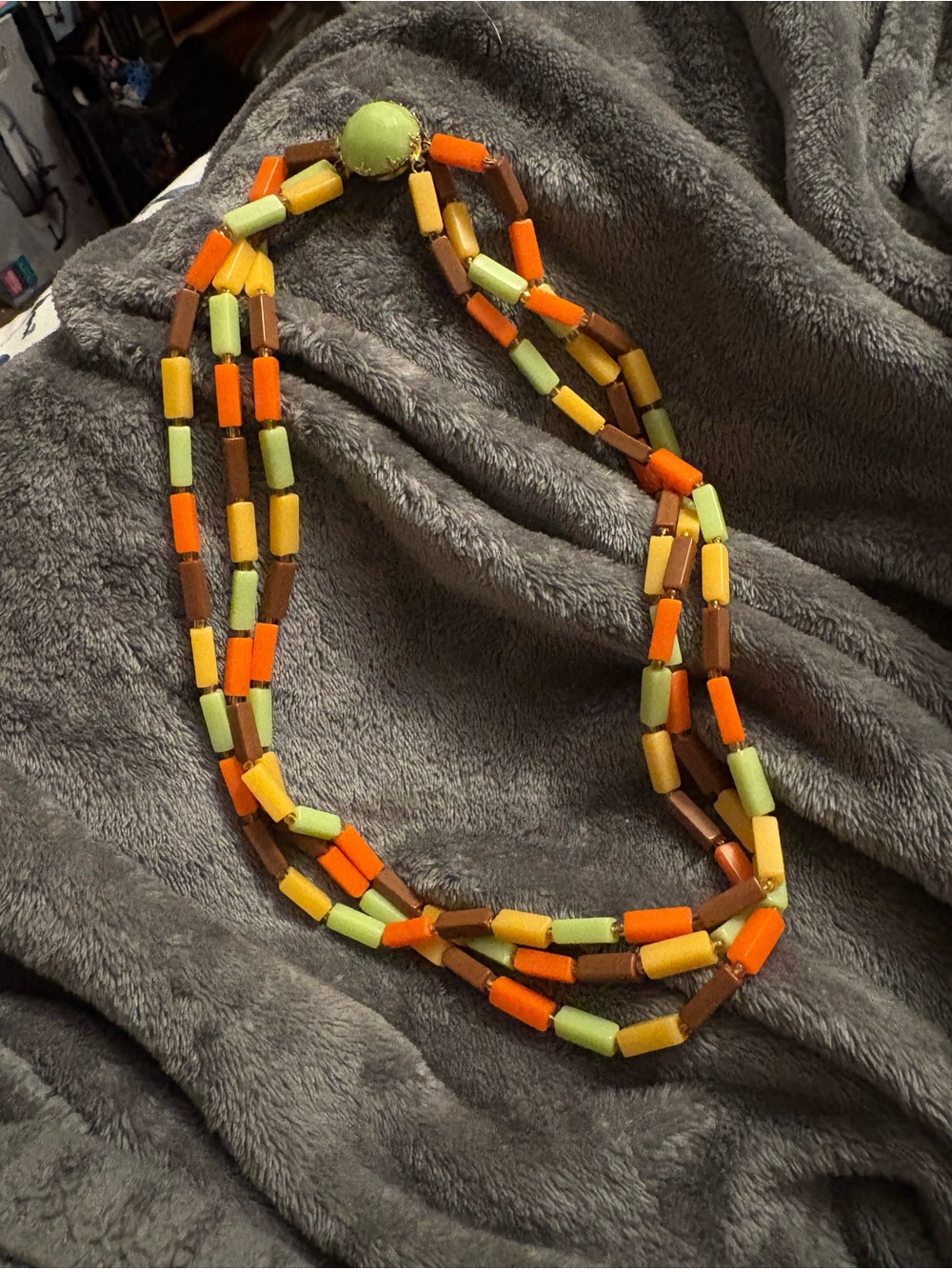 West Germany Multi-Strand Necklace in Orange, Yellow, Lime and Brown Celluloid